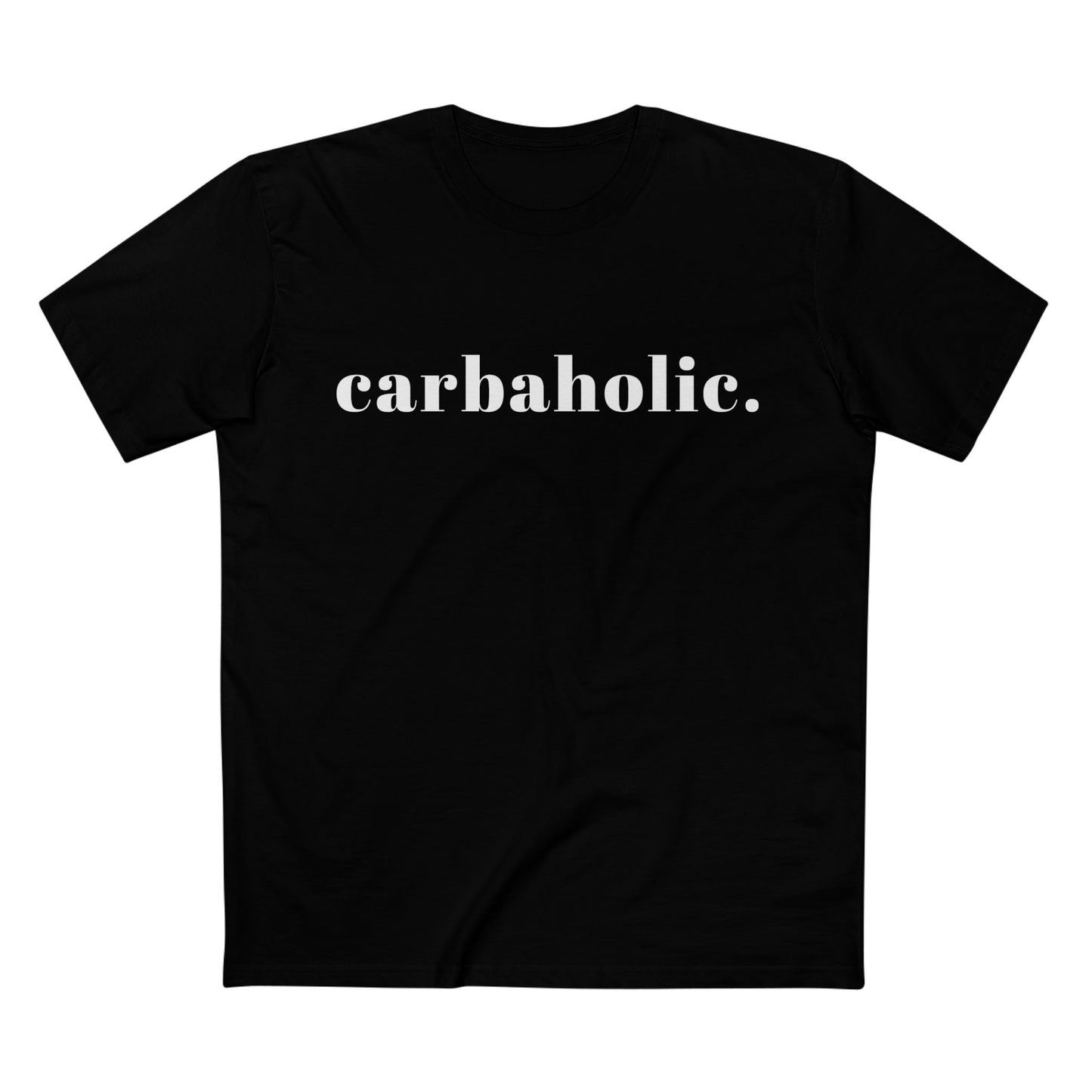 Black t-shirt with the word carbaholic in white text