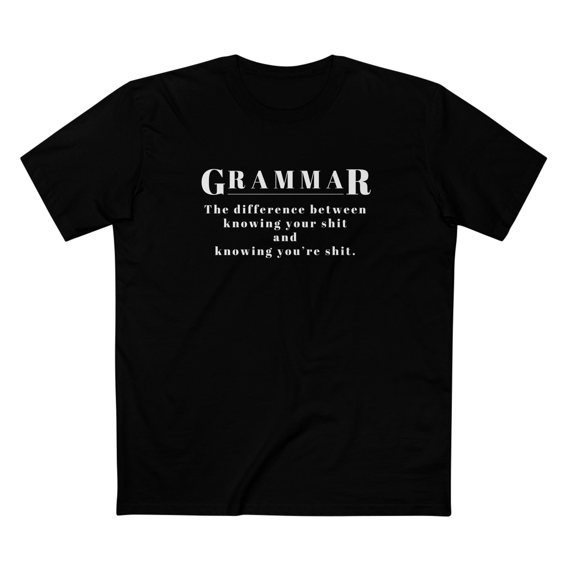 T-shirt design with the funny saying, Grammar the difference between knowing your shit and you're shit. 