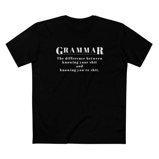 T-shirt design with the funny saying, Grammar the difference between knowing your shit and you're shit. 
